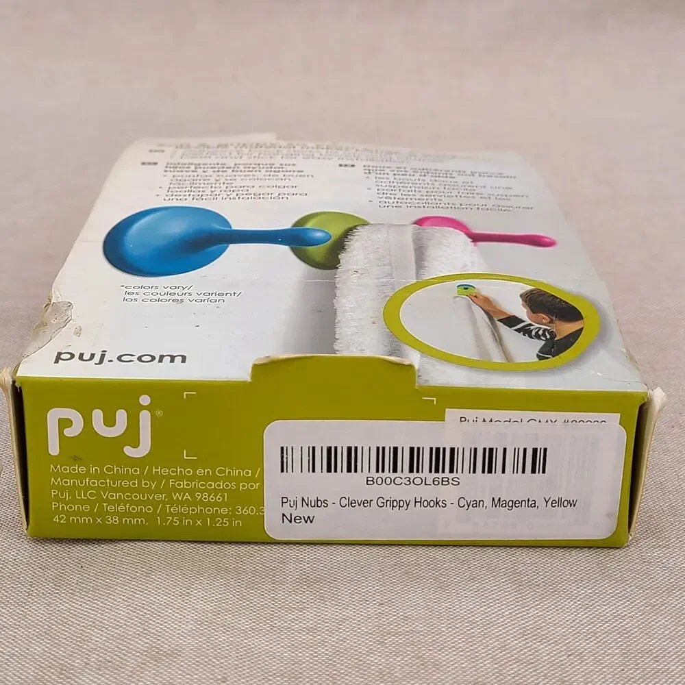 Puj Nubs Clever Grippy Flexible Hooks Adhesive Peel & Stick Back CMY 3PK New